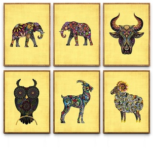 东南亚泰式印度越南大象动物图腾装饰画餐厅饭馆酒店卧室竖版挂画