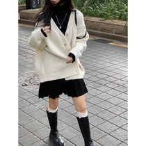 Red Peoples Pavilion sweater womens loose outside wearing autumn and winter 2022 New Lazy Breeze Ocean Air V Collar Jersey Jacket Knit
