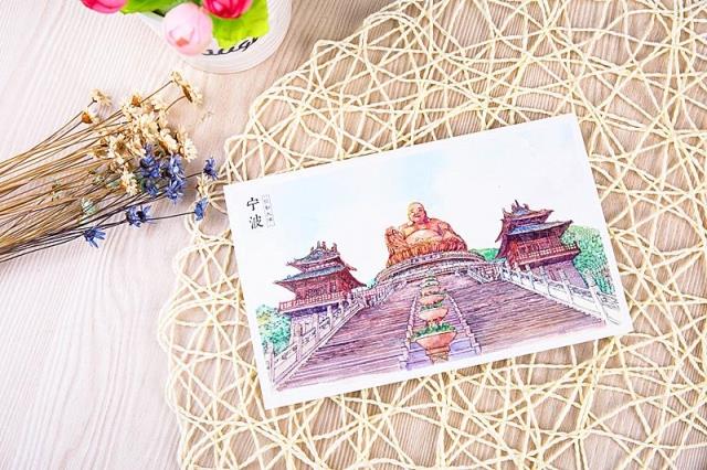 中国风景明信片宁波天一阁南塘老街溪口前童古镇手绘明信片包邮