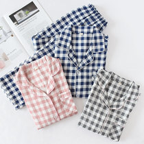 Pajamas womens spring and autumn thin cotton yarn plaid mens autumn and winter pure cotton Japanese gauze couple long-sleeved home wear suit