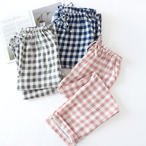 Plaid pajamas Womens trousers Mens cotton summer spring thin section couple cotton double gauze casual home pants