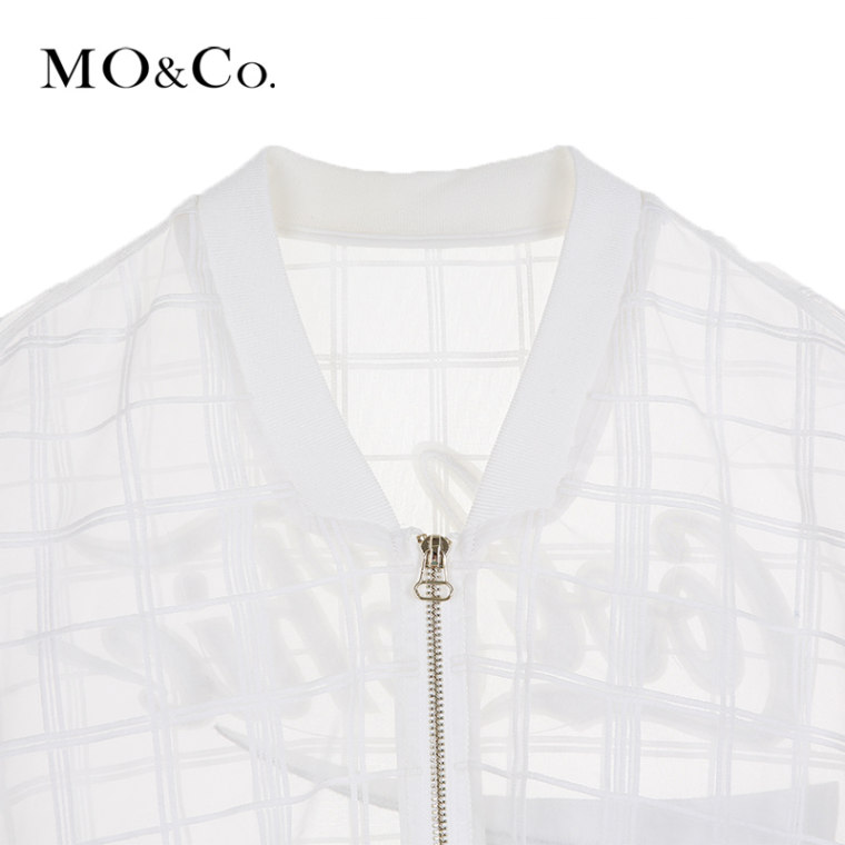 MO&Co.透视格纹外套棒球服立领拉链短款MA152COT07 moco