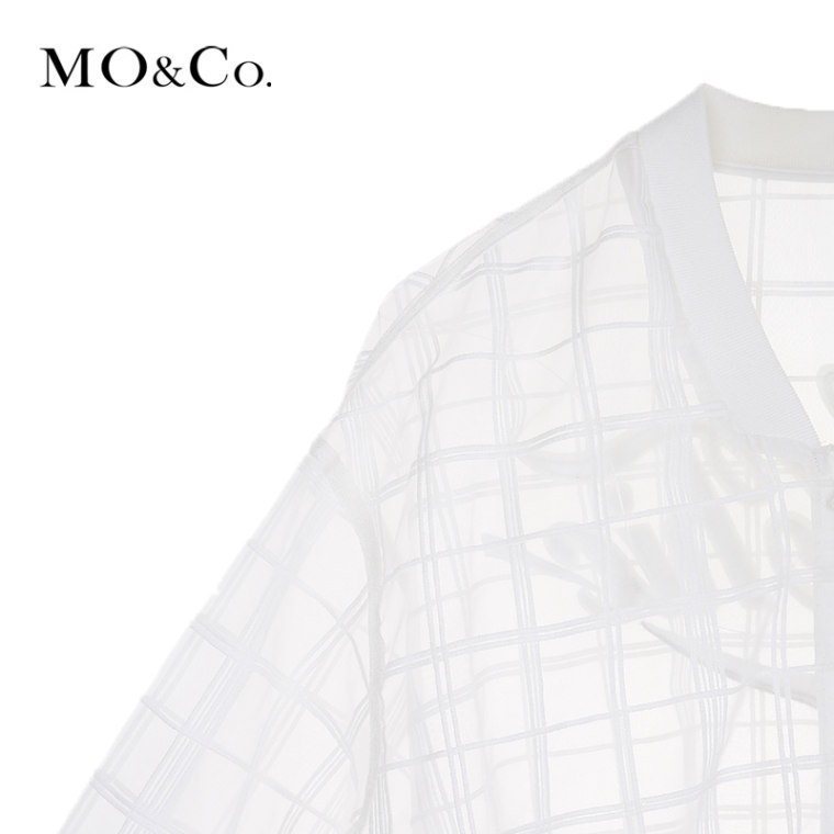 MO&Co.透视格纹外套棒球服立领拉链短款MA152COT07 moco