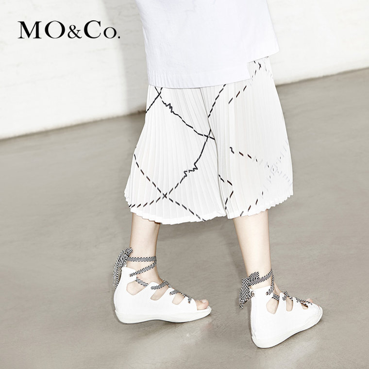 MO&Co.半身裙夏中长裙女格子欧美百褶黑白条纹时尚MA152SKT16moco