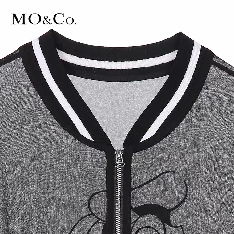 MO&Co.外套棒球衫螺纹领趣味卡通唐老鸭绣花长袖MA152COT14 moco