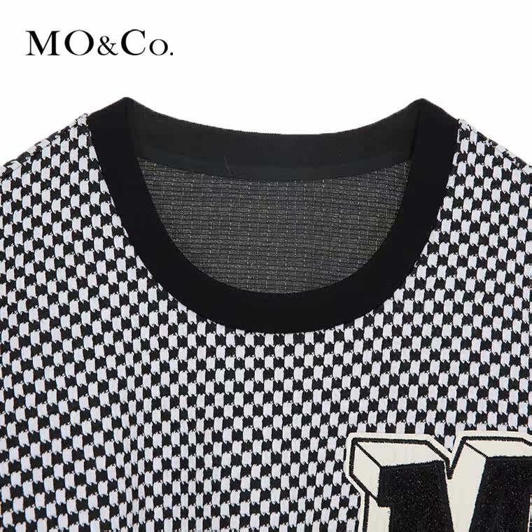 MO&Co.连衣裙落肩袖针织长裙棋盘格格纹直身裙MA152SKT32 moco