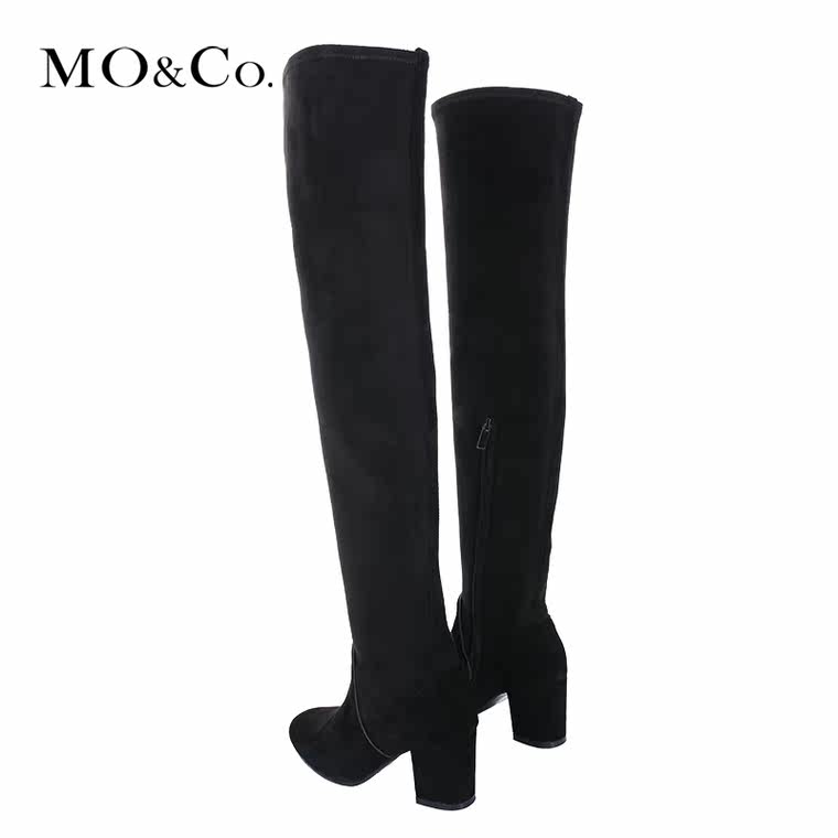 MO&Co.秋冬女绒面高品质拉链时尚摩登粗跟长靴MA154ORS06 moco