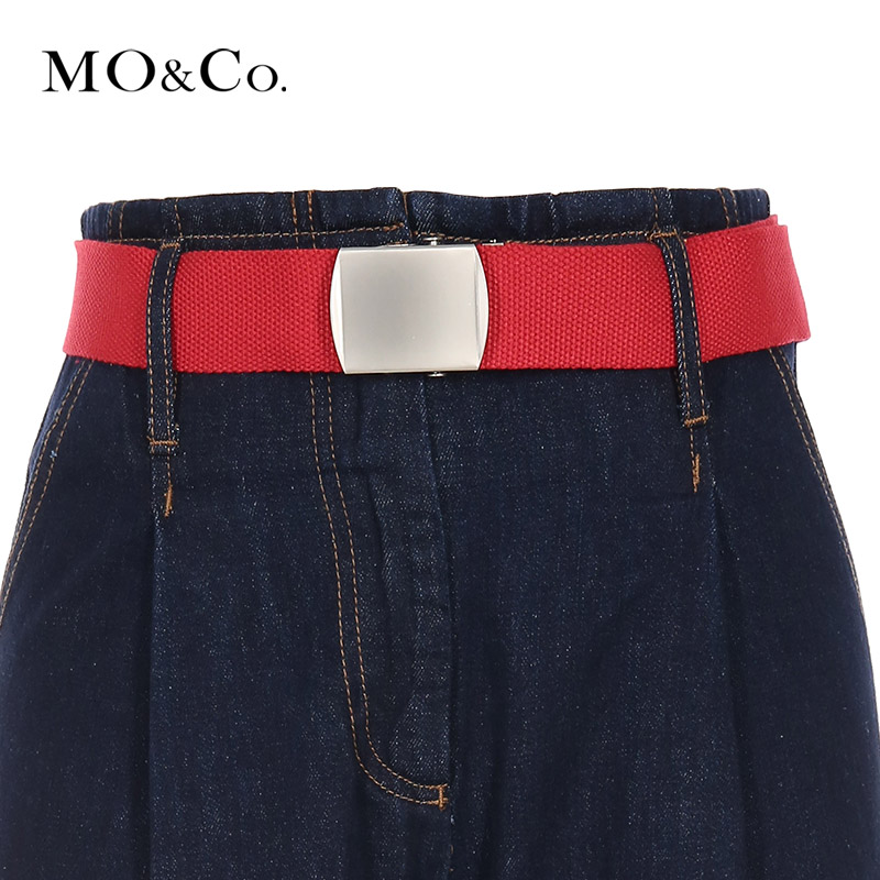 MO&Co.高腰罗纹长腰带翻边阔腿喇叭牛仔裤长裤MA171PAT412 moco产品展示图1