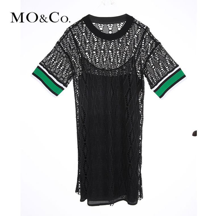 MO&Co.连衣裙加长T恤镂空透气提花休闲短裙MA152SKT116 moco