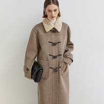 Van Loew Winter 2022 New Vintage Faux Lamb Fur Collar Woolen Coat Horn Button Patchwork Mid-length Wool Coat Women