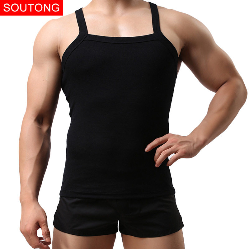 时尚性感男士打底背心 交叉绑带黑白灰蓝色纯棉健美男式吊带背心