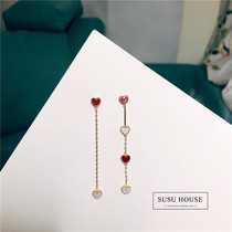 Ear clip no ear hole female peach luck earrings Wine red small heart asymmetrical earrings fresh and simple girl heart