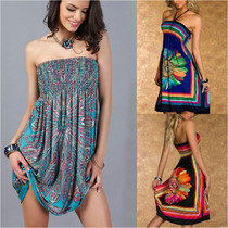Seaside Holiday Beach Dress Sexy Dew Back Cool Fast Ice Silk Hanging neck Wrap Neck neck Neck Smear and Dress Woman
