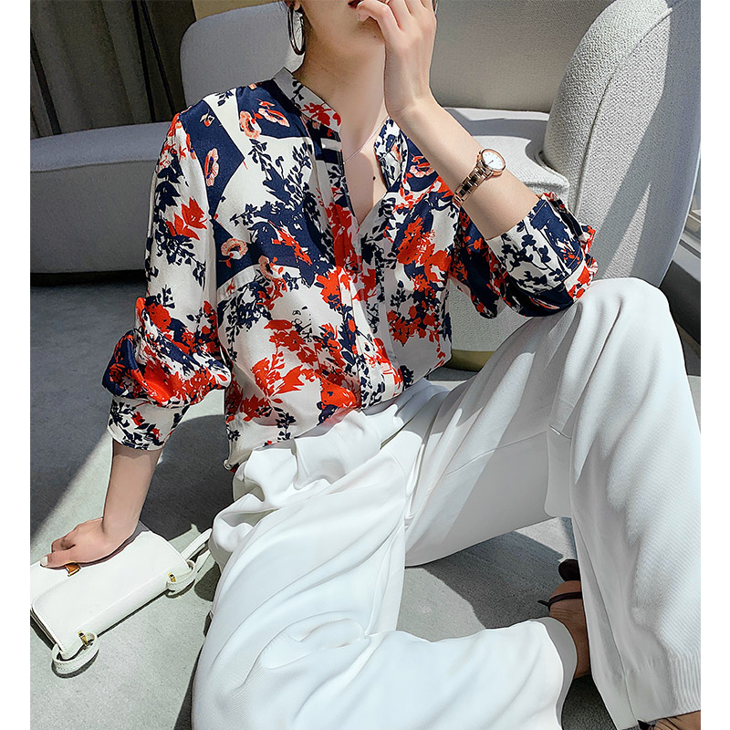 Heavy silk shirt women's 2021 new spring and summer mulberry silk temperament long-sleeved striped printed top shirt