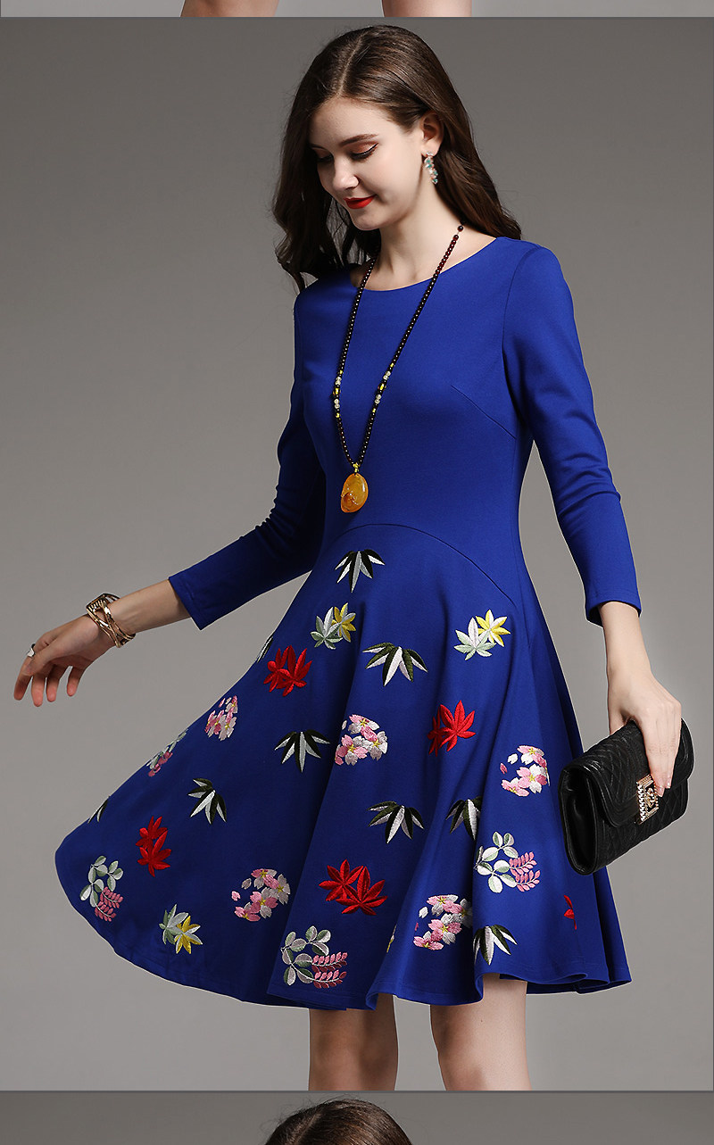 民族风连衣裙2019春新款女现代秋季长袖法式复古收腰修身显瘦裙子