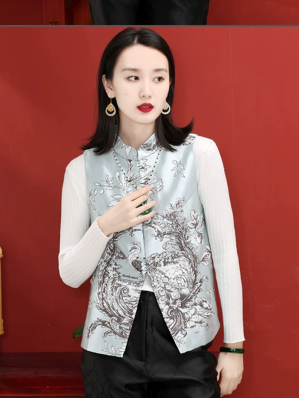 Áo khoác ghi lê retro jacquard của phụ nữ mùa thu, cỡ lớn, phong cách Trung Quốc, áo khoác vest ngắn, áo ghi lê, hàng đầu Trung Quốc, quần áo phụ nữ - Áo vest