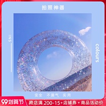 Round transparent glitter sequin swimming circle female adult swimming ring thickening ins Net red lifebuoy adult seaside