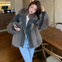 2022 winter new young style denim stitching fox fur coat womens pie to overcome mid-length coat