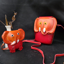 Leather cartoon handmade female bag animal shoulder bag cute little elephant messenger bag elephant leather mobile phone bag personality
