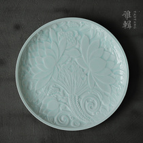 Ya Jian Qinglian bas-relief shadow Green re-engraved Song Lian tattoo plate pot tea plate fruit plate supply plate