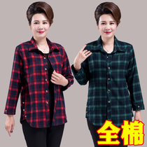 Middle Aged Mother Woman Dress Spring Autumn Pure Cotton Long Sleeve Plaid Shirt Woman Middle-aged elderly Big code Shirt Lady Coat Thick