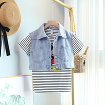 Childrens denim vest summer dress new Korean girl print long t-shirt denim vest two-piece set