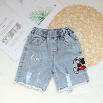 Childrens shorts 2021 summer new girls denim hot pants in big children cartoon embroidery hole shorts hot pants tide