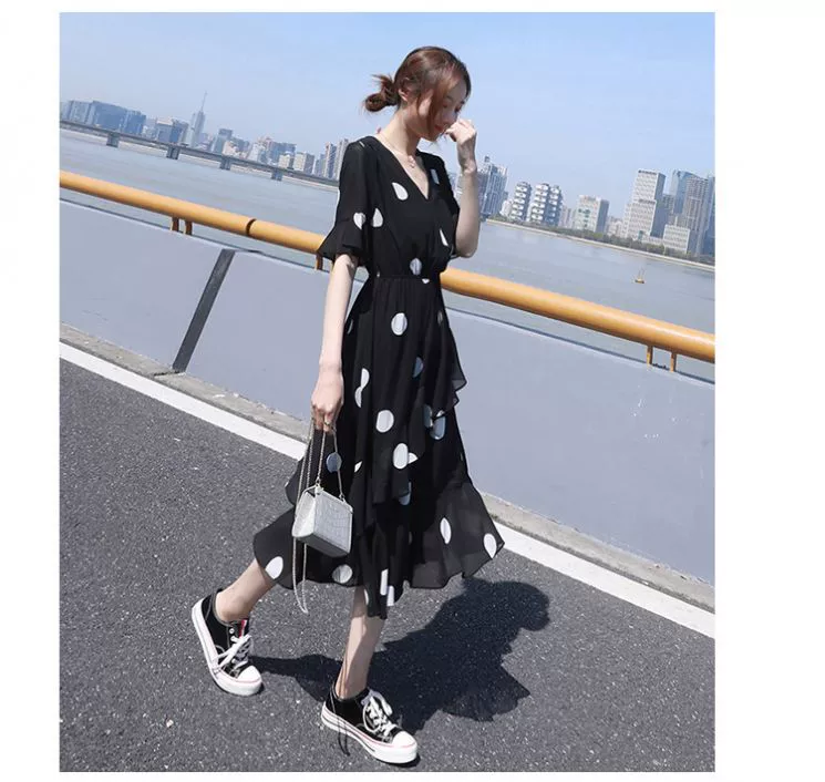 Đầm voan chấm bi đen 2021 phụ nữ mới eo eo thon, váy a-line bánh bèo khí chất mùa hè - A-Line Váy