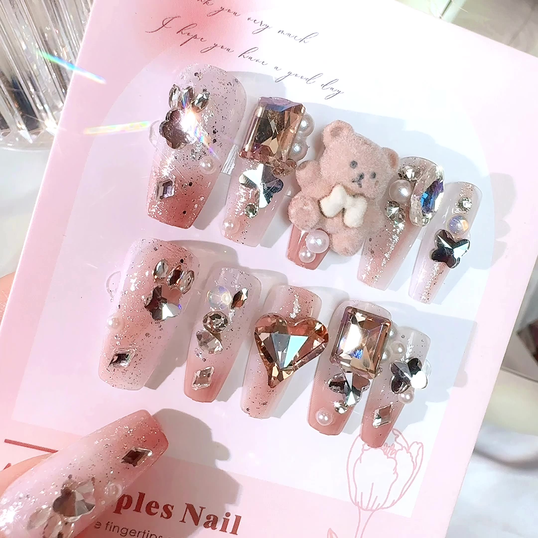 新款穿戴甲美甲甲片网红爆款卡通毛绒小熊指甲贴片成品指甲片u25