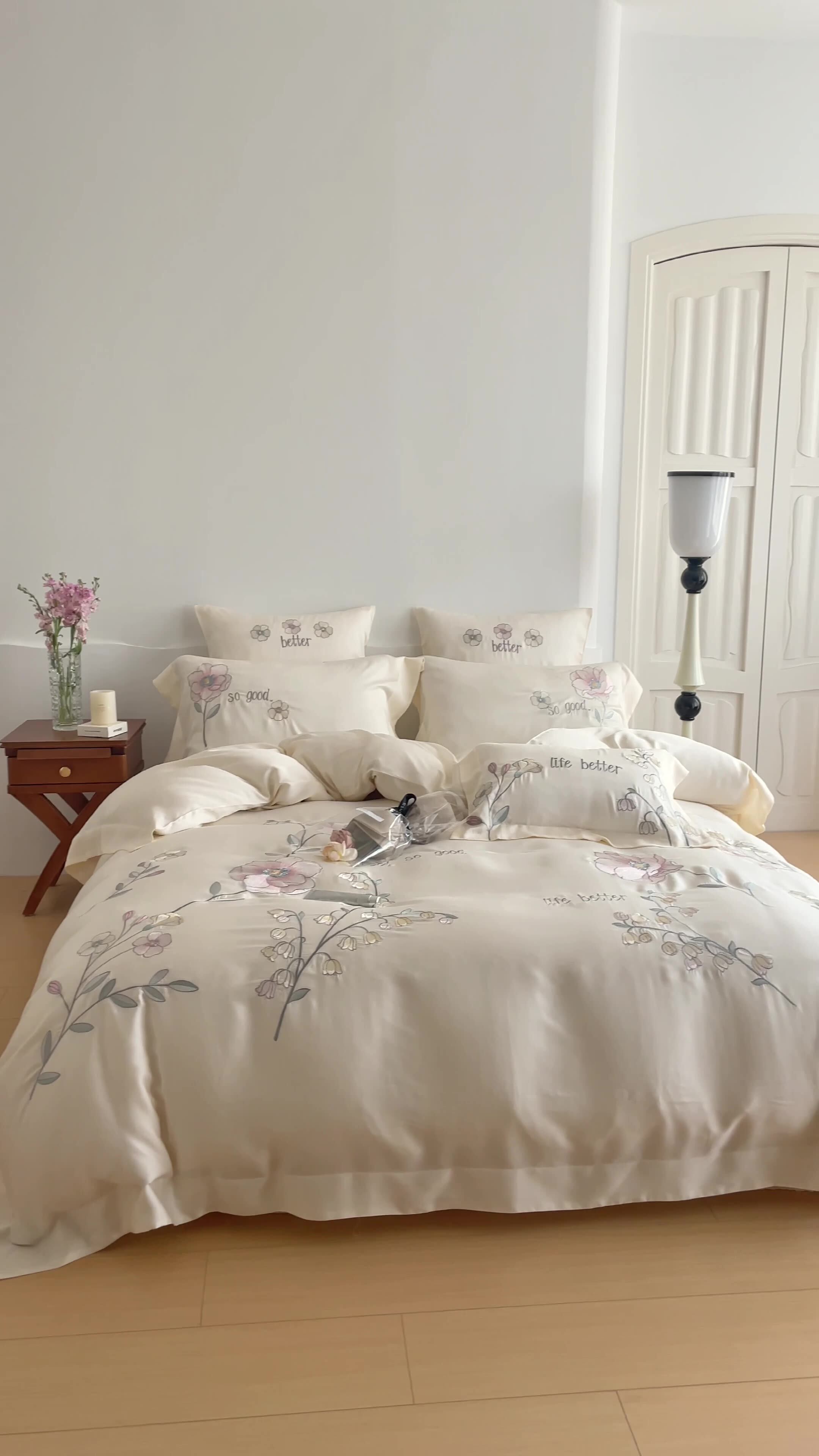 ins风花卉刺绣夏季新款可水洗60兰精天丝白色被套刺绣少女心床单