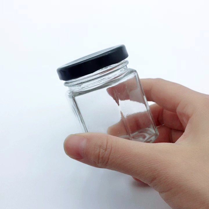 80毫升透明六边形鱼子酱蜂蜜果酱玻璃瓶与金属盖