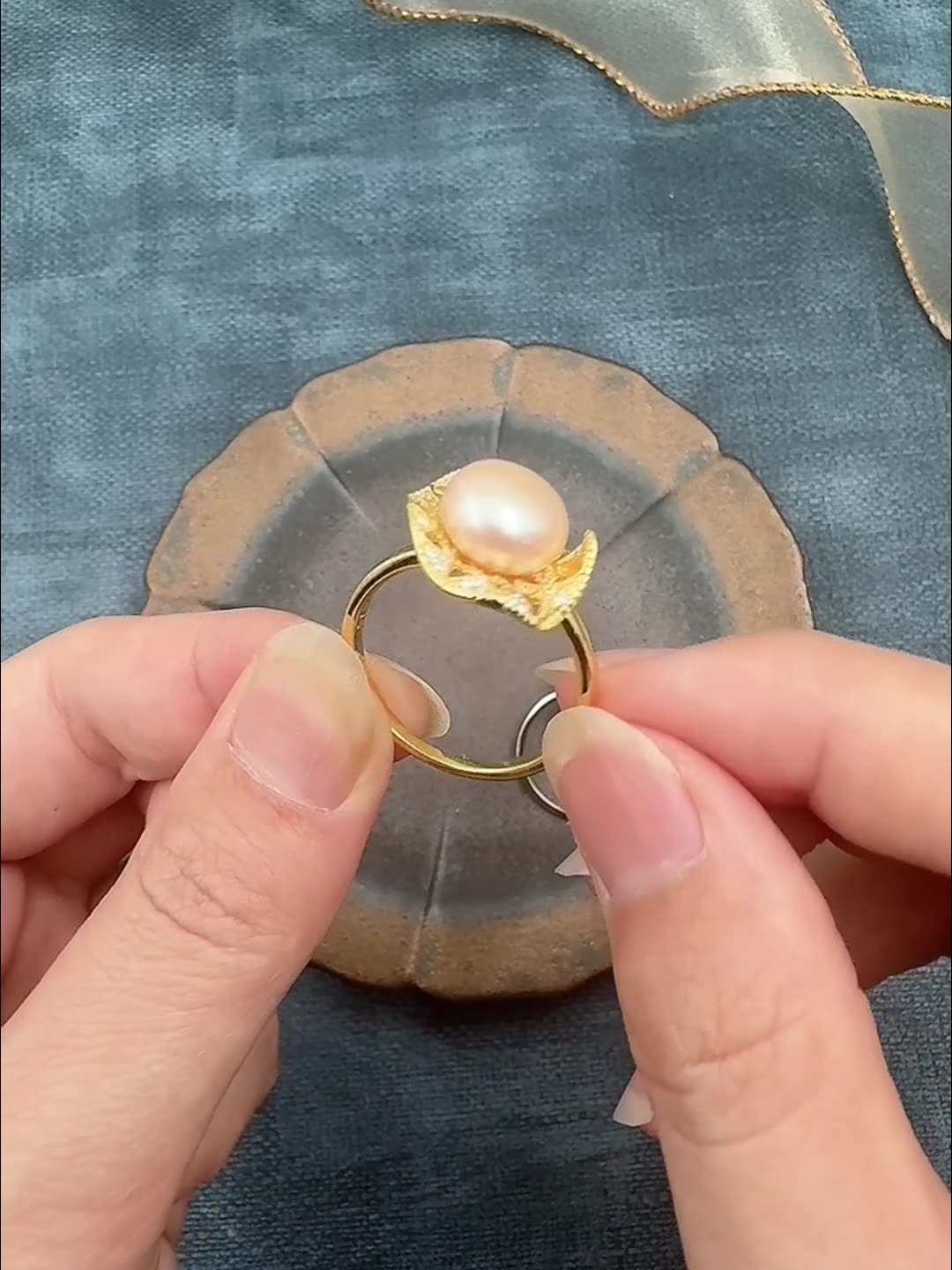 925纯银扁珠珍珠戒指空托diy配件简约镂空款指环银饰成品托圆珠