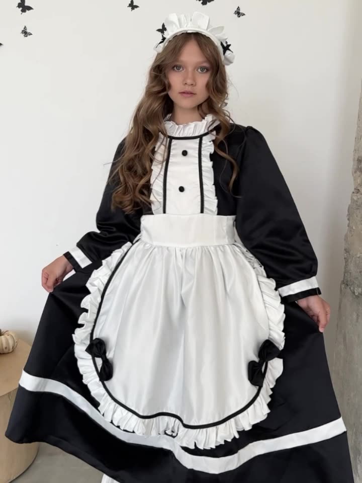 欧美新款长袖女仆装lolita可爱女仆动漫演出服黑白万圣节服装