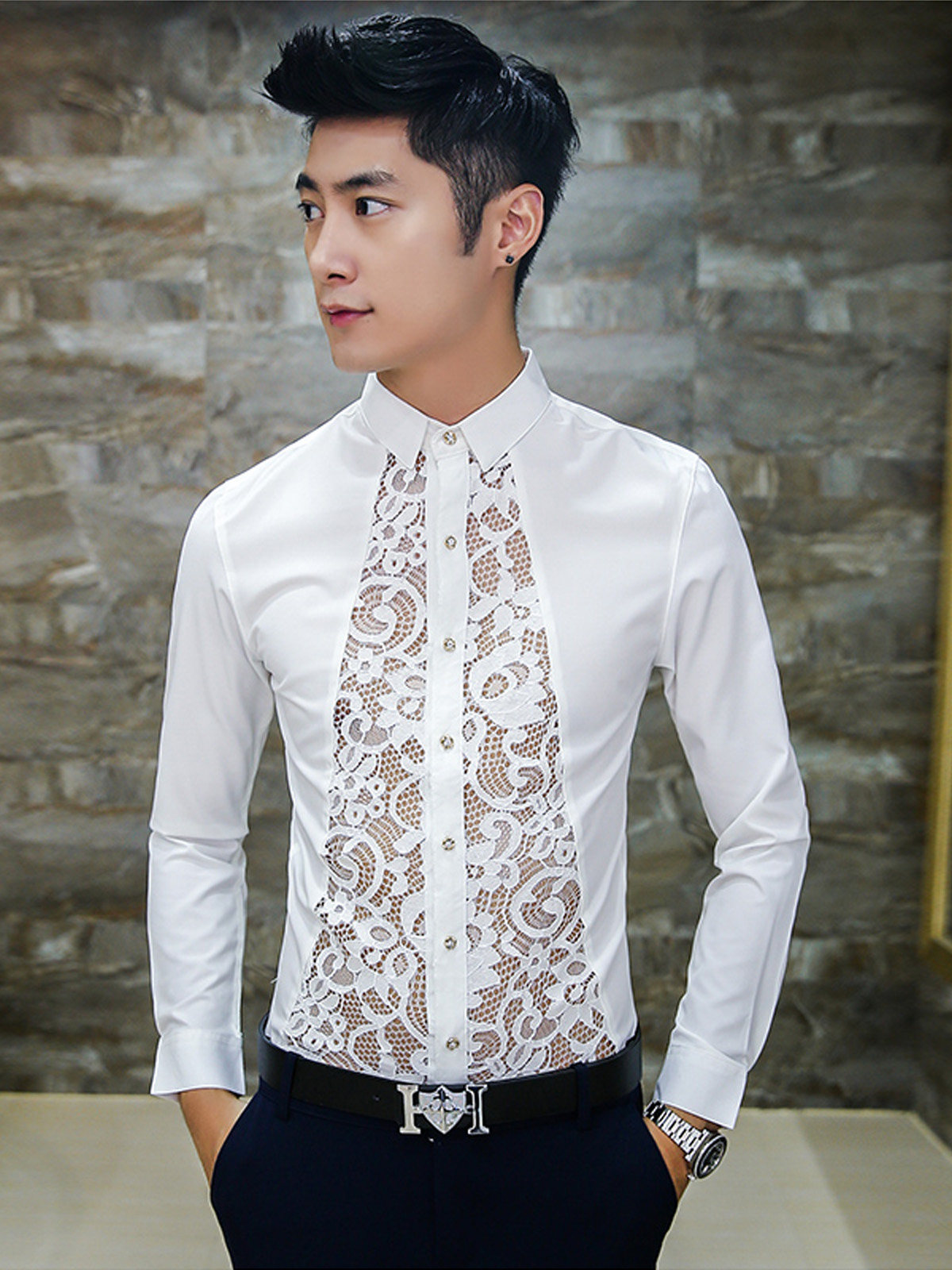 修身蕾丝衬衫男长袖16秋款演出服性感发型师镂空衬衣男装