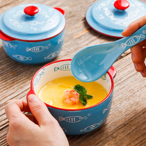 MAR in March|Single-eared bowl with lid home baby steamed custard bowl baby food supplement bowl stew pot ceramic cute bowl