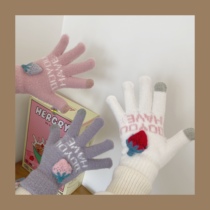 * jelly bubble * Winter girl cute touch screen strawberry five finger gloves warm plus velvet thickened