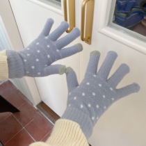 Korean ins winter cute warm girl warm wave dot pink blue gloves touch screen five finger socks