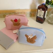 Homemade ~ Cherry Bear retro smog Blue Girl pink bear anti-drop cosmetic bag hand bag pen bag