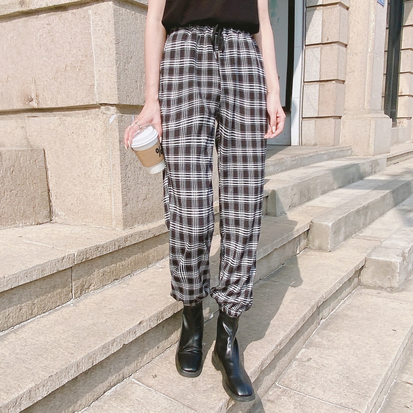 实拍 春夏黑白格子束脚休闲裤子韩版直筒宽松工装长裤女潮松紧腰