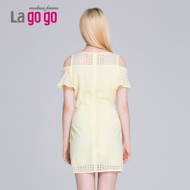 Lagogo/拉谷谷2015夏季新款露肩唯美纯色甜美连衣裙EBB947D993