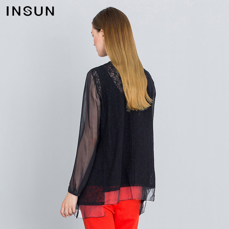 INSUN/恩裳【8.11新品】2015秋韩国沙下摆拼接羊毛女上衣95270670