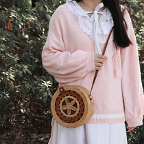 Handmade rattan cover Mori literary retro hollow woven shoulder bag straw round bag picnic shooting ornaments props