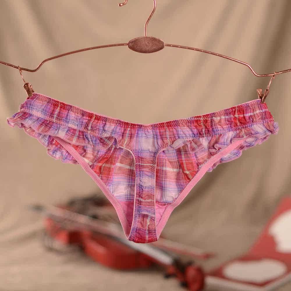 性感丁字裤女诱惑格子t裤 可爱低腰棉质纯色荷叶边少女内裤