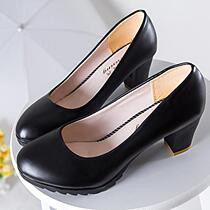 Korean autumn new womens leather shoes Middle heel thick heel OL high heel round head professional work shoes single shoes mother shoes