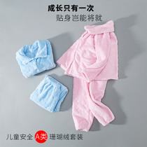 Cotton class A winter children coral velvet pajamas set for boys and girls