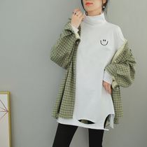 Long sleeve T-shirt female loose with high collar break in irregular medium long style undershirt with a 2021 autumn and winter new display slim