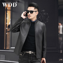 New spring Haining mens deerskin leather leather stand collar slim slim body fit middle-aged jacket short thin single leather jacket