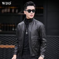 2022 Haining Genuine Leather Jacket Mens Standing Collar Top Layer Cowhide Jacket Short Motorcycle Suit Trendy Handsome Jacket Thin Section