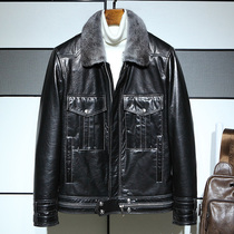 Haining genuine leather jacket men's short bovine leather motorcycle jacket mink collar wool interior fur coat