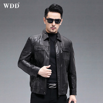 Haining leather jacket mens short lapel 2022 new oil wax goatskin jacket handsome motorcycle jacket trendy